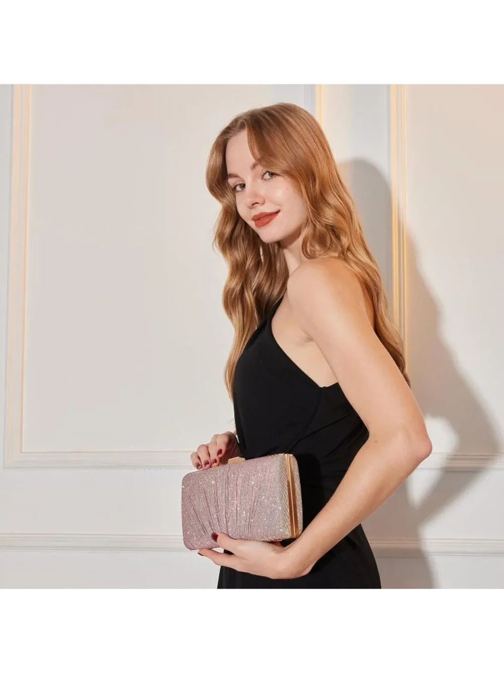 Women's Pink Pleated Evening Handbag with Chain Prom Classic Clutch Purses